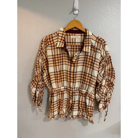 We The Free Plaid Button Down Women XL  Ruched Sleeve Cinched Waist Boho - Picture 2 of 7